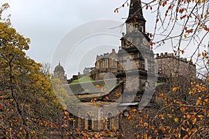 St. Cuthbert`s Church and Edinburgh Castle from Princes Street Garden