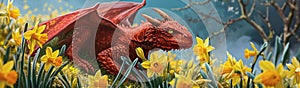St David's Day Holiday celebration in Wales, UK concept. Red Welsh dragon in yellow daffodil flowers illustration