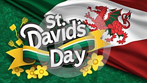 St Davids Day Banner - Illustration with Red Dragon flag and Yellow Daffodils