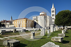 St. Donat church, forum and Cathedral of St. Anastasia bell tower in Zadar, Croatia