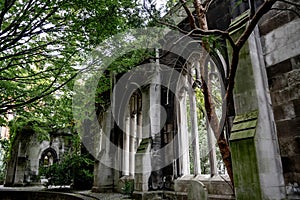 St. Dunstan In The Eeast, Abandoned And Decayed Church Ruin With Peaceful Garden In The Churchyard In London, UK