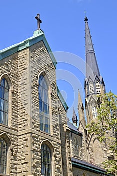 St. Dunstan\'s Basilica Cathedral spire and windows in Charlottetown