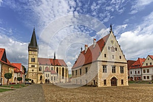 St. Egidius Basilica and city hall in old city of Bardejov, Slov