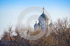 The St. Elefterie Church towers rising above trees in Bucharest