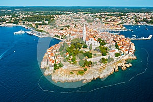 St. Euphemia church tower in town of Rovinj surrounded by sea