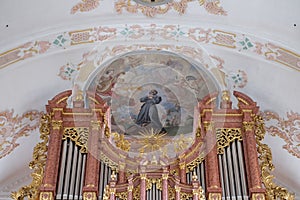 St. Francis kneeling on a cloud surrounded by music making angels, church of St. Francis Xavier in Lucerne