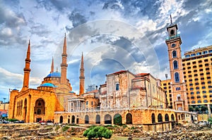 St. George Maronite Cathedral and the Mohammad Al-Amin Mosque in Beirut, Lebanon photo