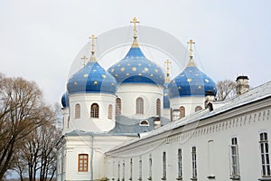 St. George`s Cathedral of St. George`s Monastery at the source of the Volkhov River, on the shore of Lake Ilmen. Veliky Novgorod