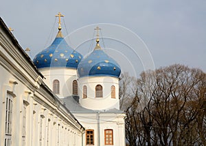 St. George`s Cathedral of St. George`s Monastery at the source of the Volkhov River, on the shore of Lake Ilmen. Veliky Novgorod