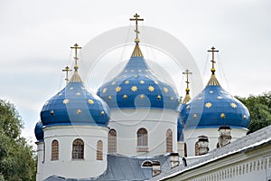 St. George`s Cathedral of St. George`s Monastery at the source of the Volkhov River, on the shore of Lake Ilmen. Veliky Novgorod