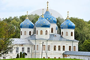 St. George`s Cathedral of St. George`s Monastery at the source of the Volkhov River, on the shore of Lake Ilmen. Veliky Novgorod