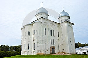 St. George`s Cathedral of St. George`s Monastery at the source of the Volkhov River, on the shore of Lake Ilmen. Veliky Novgorod