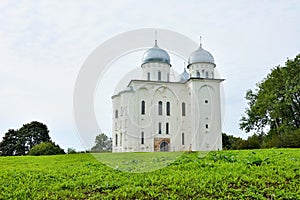 St. George`s Cathedral of St. George`s Monastery at the source of the Volkhov River, on the shore of Lake Ilmen. Veliky Novgorod