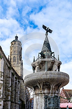 St. George’s Church with the bell tower “Daniel” and Warrior fountain - Nördlingen, Germany