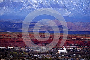 St. George Utah Valley with Mormon LDS Temple Red Cliffs and Snow Covered Mountains