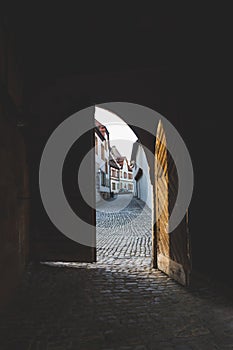 St. Getreu Strasse through the gates of the Michelsberg monastery, Bamberg, Germany photo