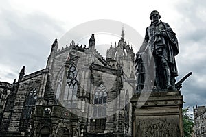 St. Gile`s Cathedral and the Statue of Adam Smith, Edinburgh, Sc