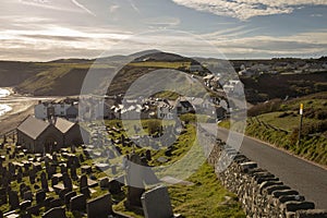 St. Hywyn\'s Church and the village of Aberdaron, Wales. Aberdaron is on the Llyn Peninsula in Gwynedd, North Wales