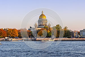 St. Isaac`s Cathedral in autumn at sunset, Saint Petersburg, Russia