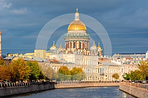 St. Isaac`s Cathedral and Moyka river in autumn, Saint Petersburg, Russia