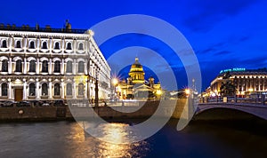 St. Isaac`s Cathedral and Moyka river at night, Saint Petersburg, Russia