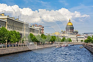 St. Isaac`s cathedral and Moyka river in summer, Saint Petersburg, Russia