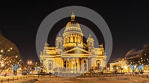 St. Isaac`s Cathedral in St. Petersburg, winter night view