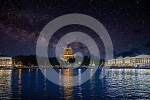 St. Isaac's Cathedral on a summer starry night in St. Petersburg