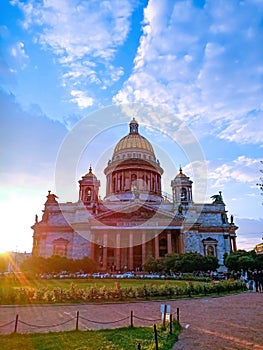 St. Isaacs Cathedral against the blue sky on the sunset