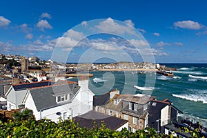 St Ives Cornwall England with harbour, boats and blue sky