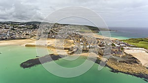 St Ives panorama with sandy beaches, port, houses .