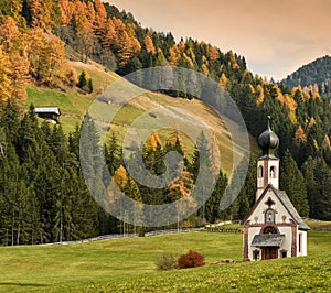 St. Johann San Giovanni in Italian Chapel in Val di Funes. South Tyrol, Italy