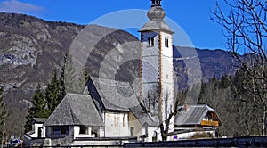St. John the Baptist`s Church, Triglav national park Cerkev Sv. Janeza Krstnika, Triglavski narodni park - Ribcev Laz, Slovenia
