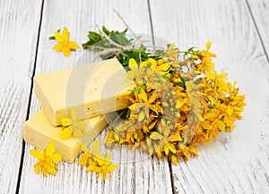St. John`s wort flowers and soap