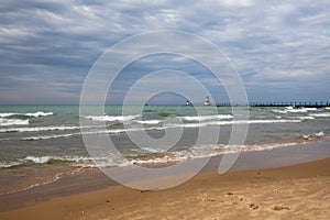 St. Joseph North Pier Lighthouse and Lake Michigan beach in Fall