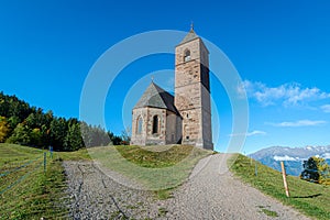 St. Kathrein`s church in Hafling, church of Santa Caterina in Avelengo, South Tyrol, Italy