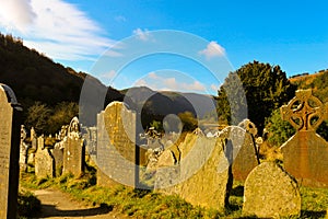 St. Kevin`s monastic city at Glendalough famed for its rounds towers, and Celtic crosses