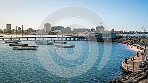 St Kilda panorama with view of the Saint Kilda pier kiosk and marina in Melbourne Vic Australia