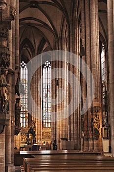 St. Lorenz Church, Gothic interior, large windows, stained glass windows and vaults