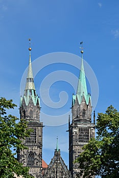 The St Lorenz church in Nuremberg, Germany from the front