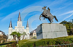 St. Louis Cathedral and the statue of Andrew Jackson in Jackson Square, New Orleans, Louisiana