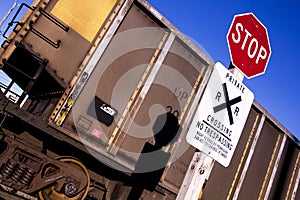 St Louis, Missouri, United States - circa 2015 - Stop Sign Train Railroad Crossing No Trespassing Union Pacific