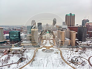 Aerial view of a ST Louis downtown covered in snow.