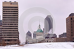 View at old courthouse building against downtown skyscrapers