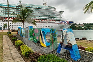 St Lucia sign and MV Ventura Pointe Seraphine Cruise port Castries St Lucia