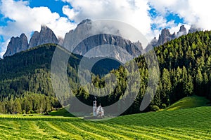 St. Magdalena Church, Villnoss Valley, South Tyrol, Italy with Puez Geisler Group Dolomites