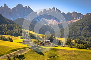 St. Magdalena village with famous church in Val di Funes, Dolomites , Italy