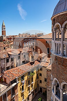 St Mark bell tower from Contarini del Bovolo stairway. Venice, Veneto, Italy.
