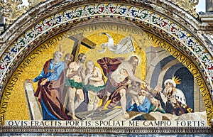 St Mark`s Basilica close-up, Venice, Italy. It is top landmark in Venice. Beautiful luxury mosaic portal, image of Christ and