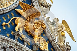 St MarkÃ¢â¬â¢s Basilica, detail of facade top, Venice, Italy. Famous Saint MarkÃ¢â¬â¢s cathedral is main tourist attraction of Venice
